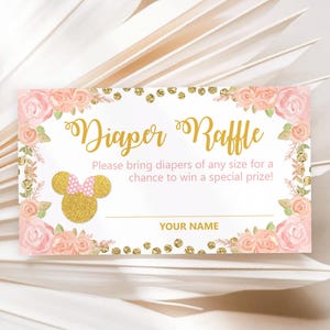 Windel Raffle Tickets Mädchen Pink Floral Minnie Maus Baby Shower Einladung Einsatz, Windel Raffle, Windel Spiel Karte, Sofort Download | MM004