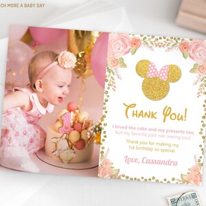 Roze bloemen Minnie Mouse-bedankkaart met foto, roze en gouden Minnie-bedankkaart voor verjaardag, platte afdrukbare bedankkaarten | MM029