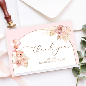 Plantilla de agradecimiento para baby shower con oso floral rosa, tarjeta de agradecimiento plana estilo bohemio pampas, tarjeta de agradecimiento plegada, descarga digital instantánea / MM007