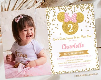 Minnie Mouse Birthday Invite 2 with Picture, 2nd Birthday Photo Invitation Template, Second Birthday Party Pink Gold Birthday Theme | MM023
