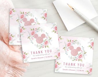 Mall för rosa tacketiketter till Minnie Mouse-babyshowergåvor, tacketiketter, digital nedladdning direkt, roséguldglitter | MM003