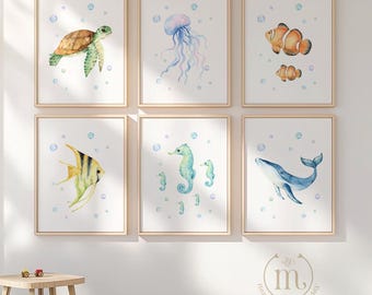 Set van 6 oceaan kinderkamer prints, zeedieren kinderkamer decor peuter kamer, kinderkamer posters, onderwater aquarel print, digitale download