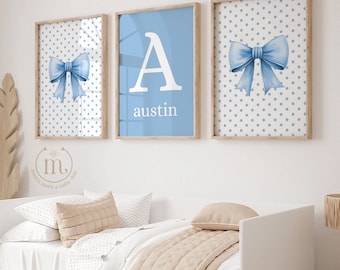 3 Nursery Prints Blue Bow Polka Dot Wall Art Digital, Custom Initial Name Sign, Kids Room Decor, Blue and White Nursery Personalized Print
