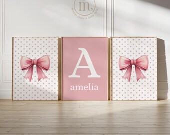 Pink Bow Girl Nursery Set of 3 Personalized Name Print Polka Dot Wall Art Digital, Custom Initial Name Sign, Kids Room Decor, Pink and White