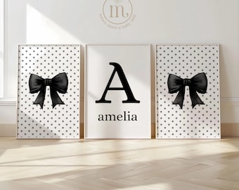 Ensemble personnalisé de 3 noeuds imprimés art mural noir et blanc à pois, initiales du nom de la chambre de bébé noeud, nom personnalisé photos avec noeud, décoration de chambre à coucher filles