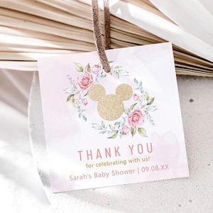 Różowa Myszka Minnie Baby Shower Etykieta upominkowa do wydrukowania, Szablon etykiety z podziękowaniami dla Minnie dla dziewczynki Pobierz etykietę upominkową na Baby Shower Naklejka z podziękowaniami | MM001