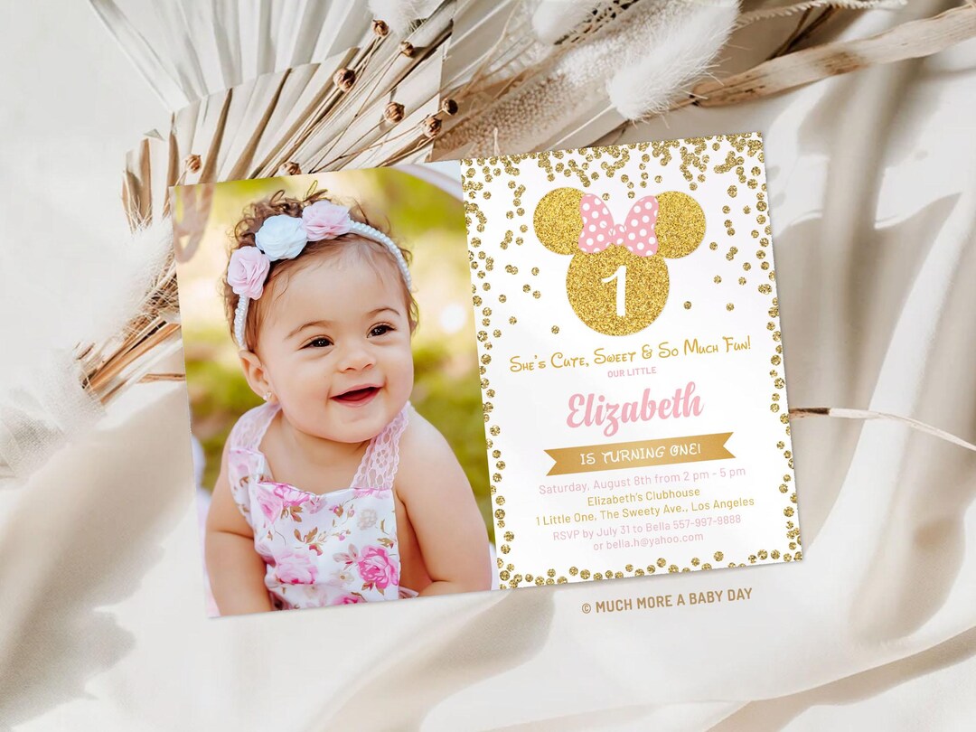 Pink and Gold Minnie Mouse 1st Birthday Invitation Digital Template ...