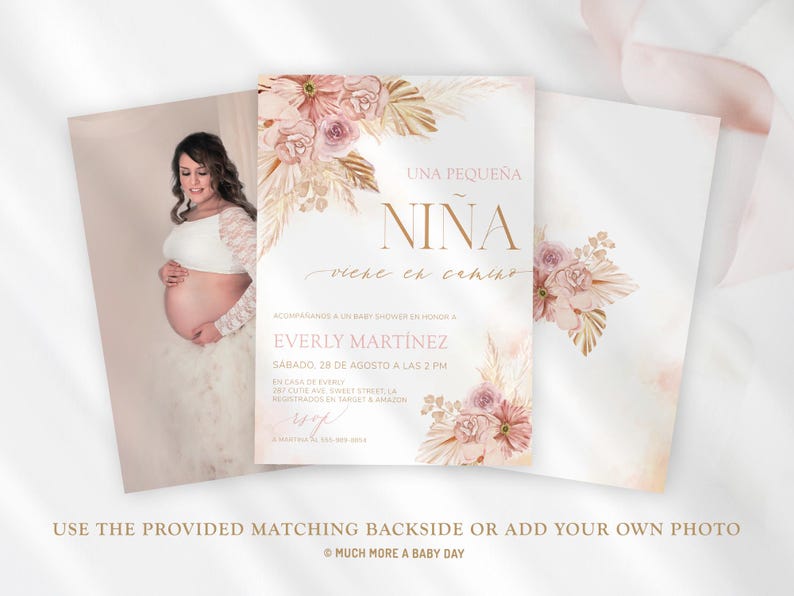 Rosa Blumen Spanische Babypartyeinladung Mädchen Español, Es Nina Invitaciones De Baby Blume Einladen Karte, bearbeitbare Vorlage Download | MM024 Bild 4