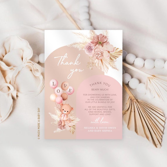 Teddy Bear Thank You Beary Much Note Cards, Boho Pampas Bear Baby Shower Thank You Template, Pink Bear Balloon Flat Thank You Card | MM044