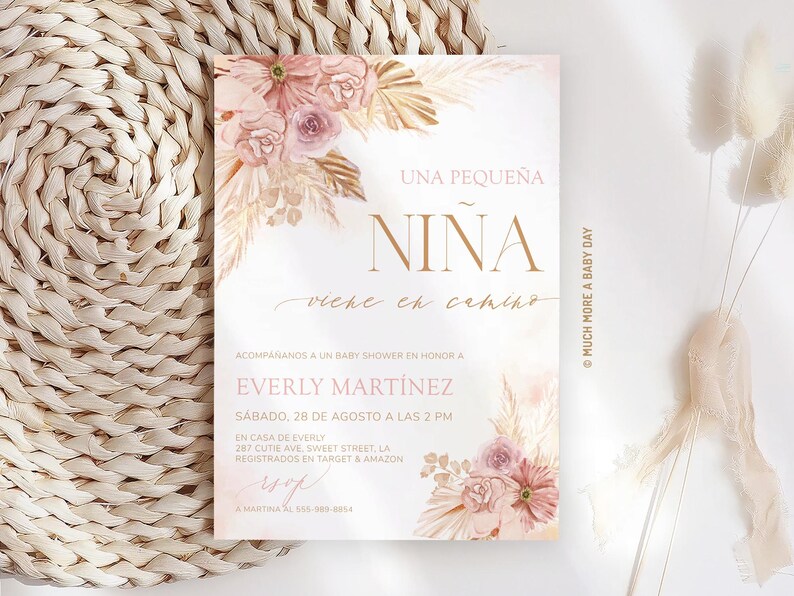 Rosa Blumen Spanische Babypartyeinladung Mädchen Español, Es Nina Invitaciones De Baby Blume Einladen Karte, bearbeitbare Vorlage Download | MM024 Bild 2