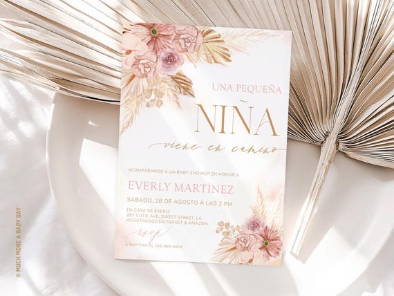 Pink Floral Spanish Baby Shower Invitation Girl Español, Es Nina Invitaciones De Baby Flower Invite Card, Editable Template Download | MM024