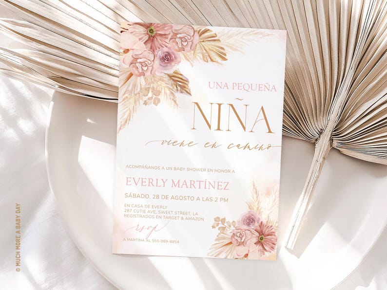 Rosa Blumen Spanische Babypartyeinladung Mädchen Español, Es Nina Invitaciones De Baby Blume Einladen Karte, bearbeitbare Vorlage Download | MM024 Bild 1