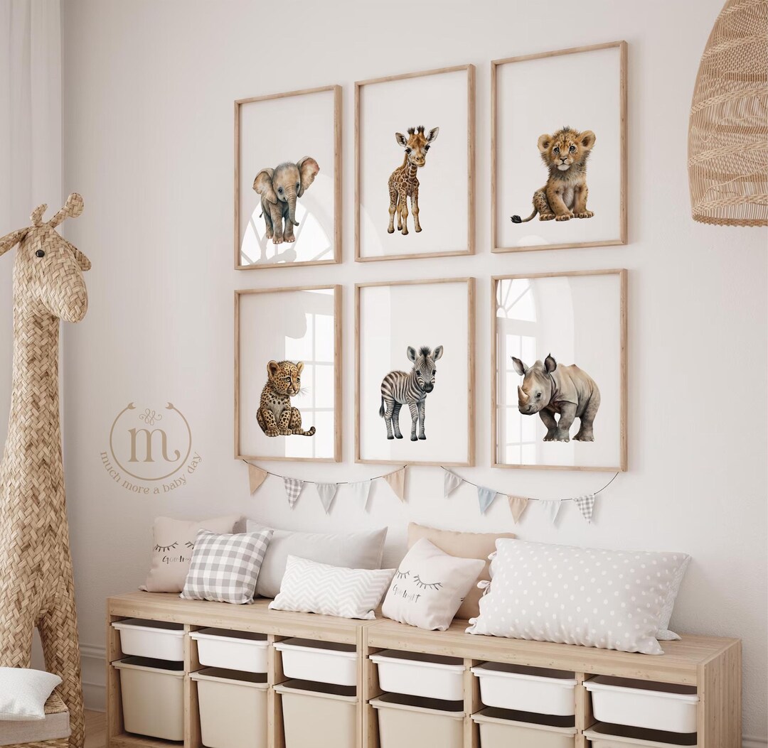 Safari Animal Nursery Print Neutral Set of 6 Boho Jungle Kids Bedroom ...