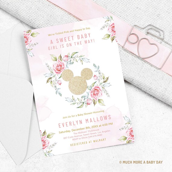 Pink and Gold Floral Minnie Mouse Baby Shower Invitations Digital, A Sweet Baby Girl on The Way, Editable Template, Instant Download | MM001
