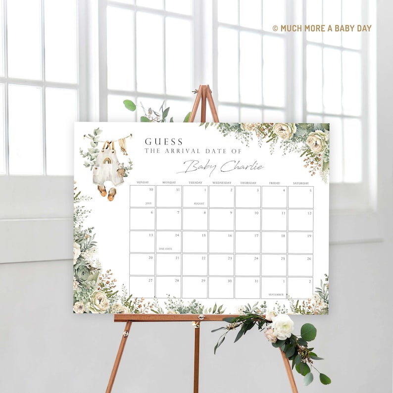Guess Due Date Calendar Baby Shower Game Sign Template, Neutral ...