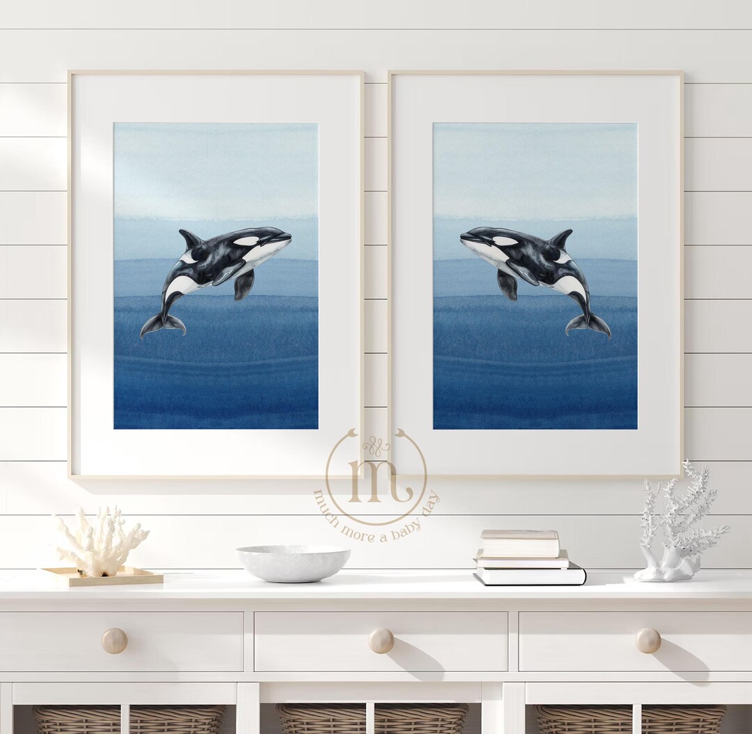 Orca Whale Prints Kids Room Decor, Set of 2 Sea Animal Print, Blue ...