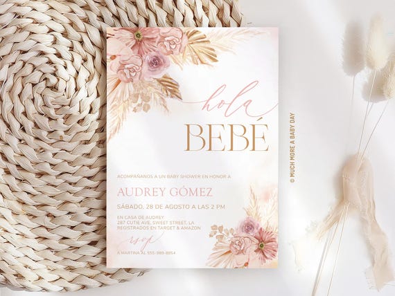 Pink Pampas Spanish Baby Shower Invitation Girl Espanol, Hola Bebe, Boho Floral, Spain Babyshower Invite Digital, Editabble Template | MM024