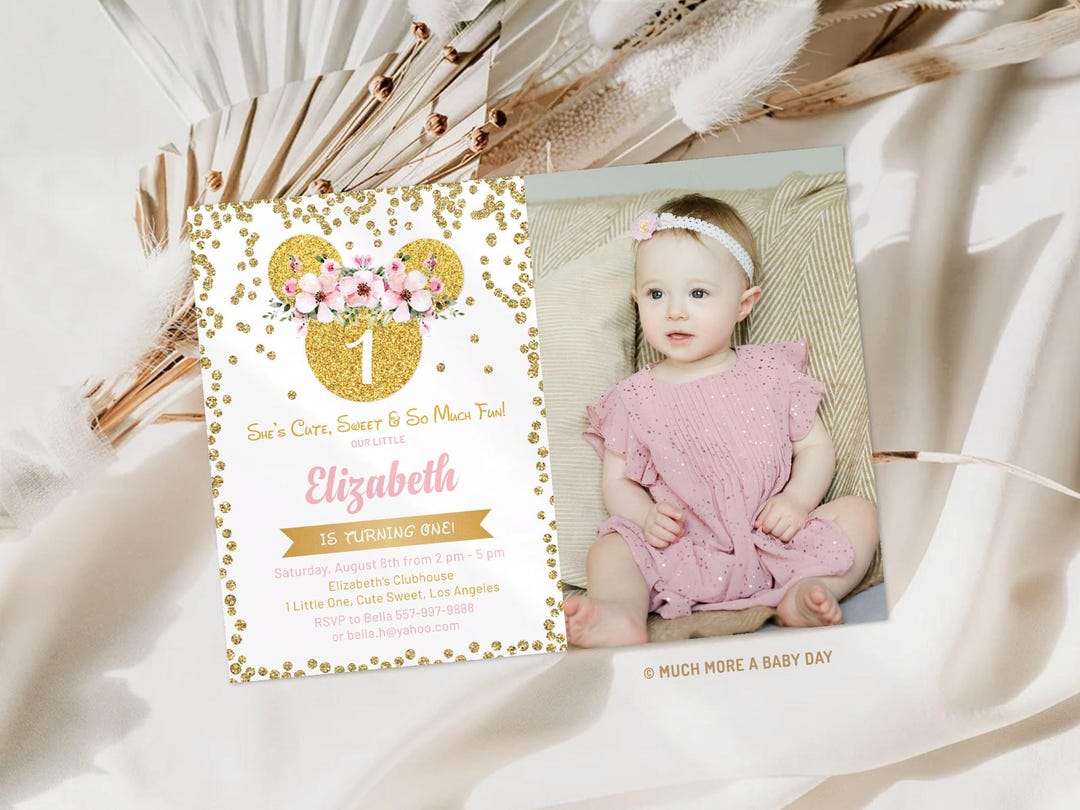 Pink Floral Minnie Mouse 1st Birthday Invitation Photo, Girl First ...