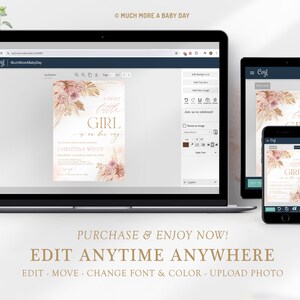 K&ouml;nnte beinhalten: Eine digitale Einladung zu einer Babyparty mit einem rosa-goldenen Farbschema. Die Einladung zeigt ein florales Design mit dem Text "A Sweet Little Girl is on her way".