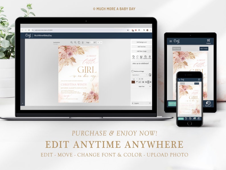 K&ouml;nnte beinhalten: Eine digitale Einladung zu einer Babyparty mit einem rosa-goldenen Farbschema. Die Einladung zeigt ein florales Design mit dem Text "A Sweet Little Girl is on her way".