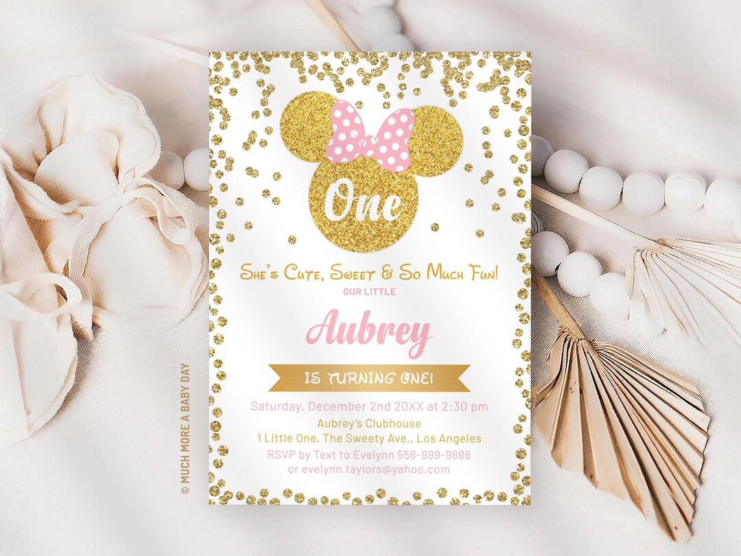 Pink Gold Minnie Mouse One Birthday Invitation Girl 1st Birthday Invite ...