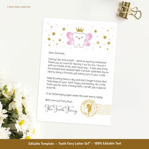 Editable Tooth Fairy Letter Printable, First Tooth Fairy Receipt Template, Girl Toothfairy Note Digital Certificate Downloadable, Last Tooth image 6