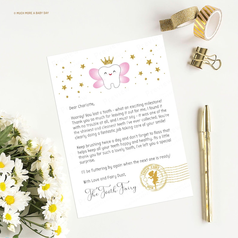 Editable Tooth Fairy Letter Printable, First Tooth Fairy Receipt Template, Girl Toothfairy Note Digital Certificate Downloadable, Last Tooth image 1