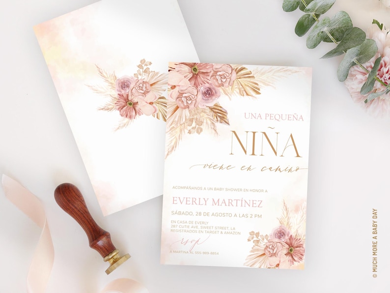 Rosa Blumen Spanische Babypartyeinladung Mädchen Español, Es Nina Invitaciones De Baby Blume Einladen Karte, bearbeitbare Vorlage Download | MM024 Bild 3