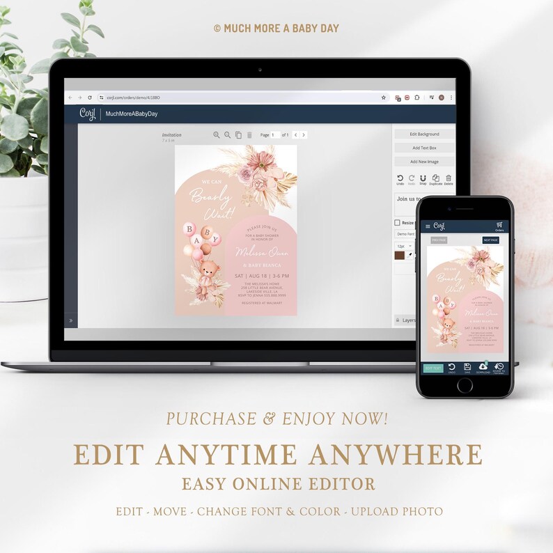 May include: A pink and gold baby shower invitation with a teddy bear holding balloons. The invitation says "Boogly Wirl!" and has a floral design. The text on the invitation says "Join us to celebrate the arrival of our little one".