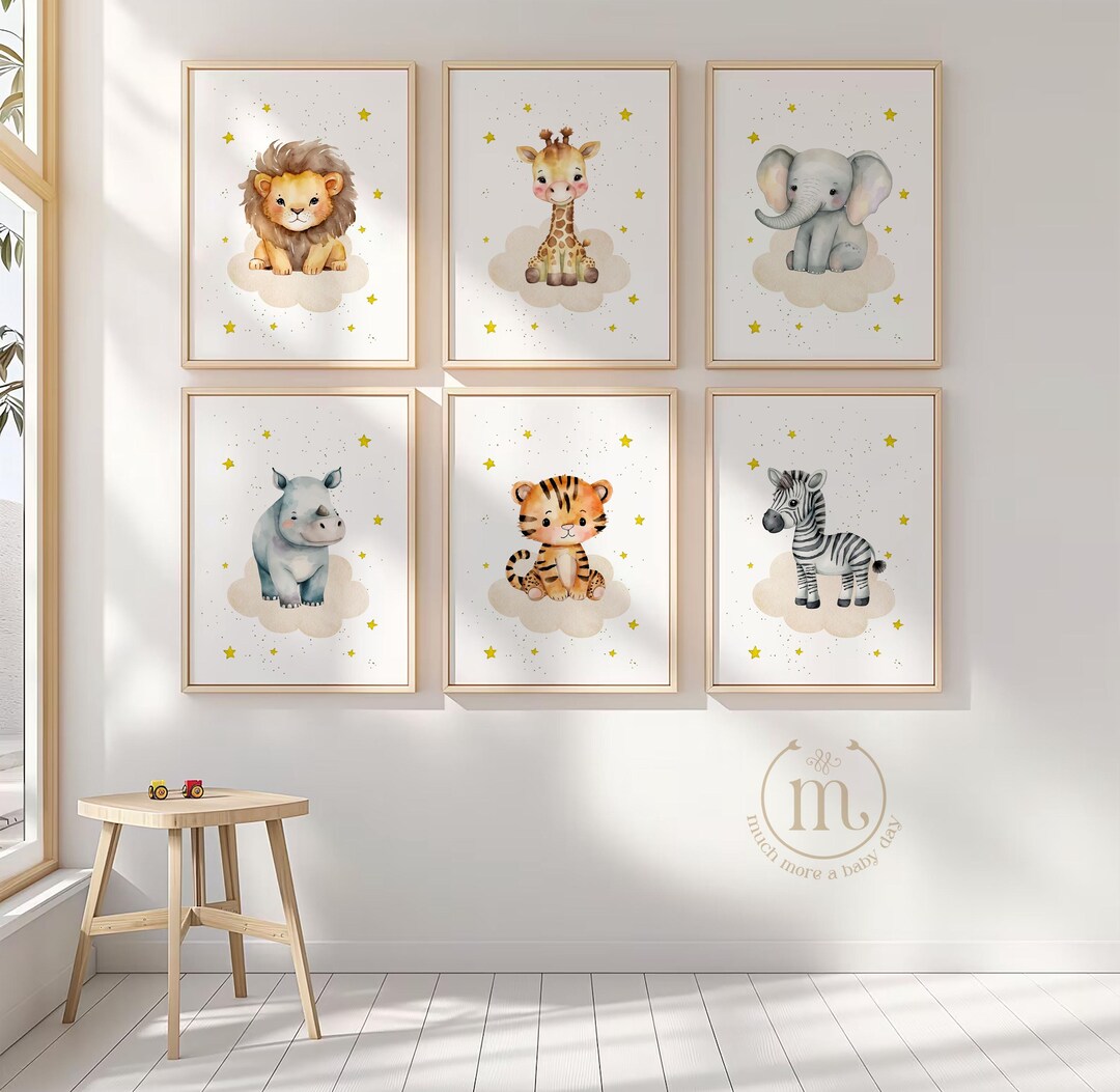 Safari Animal Nursery Print Set of 6 Printable Wall Art Neutral, Stars ...