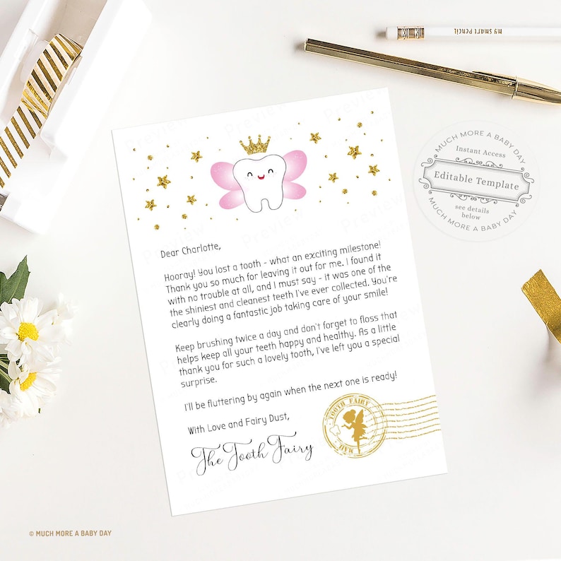 Editable Tooth Fairy Letter Printable, First Tooth Fairy Receipt Template, Girl Toothfairy Note Digital Certificate Downloadable, Last Tooth image 2