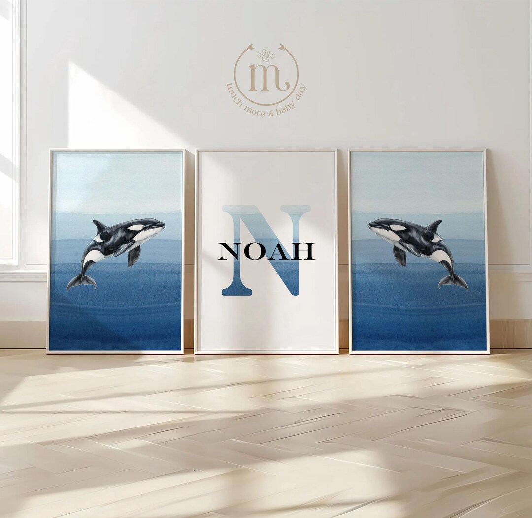 Orca Whale Print Custom Name Sign, Set of 3 Blue Wall Art for Boys Room ...