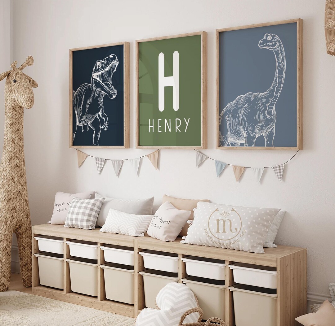 Dinosaur Posters, Set of 3 Dinosaur Nursery Wall Art Print, Child Name ...
