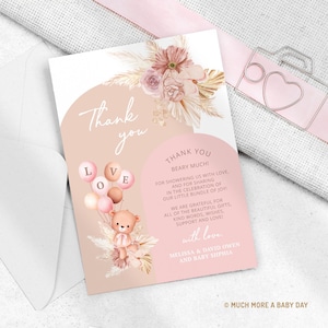 May include: Pink and brown thank you card with a teddy bear holding balloons that spell out "LOVE". The card has a floral design and the text "Thank You Beary Much!"