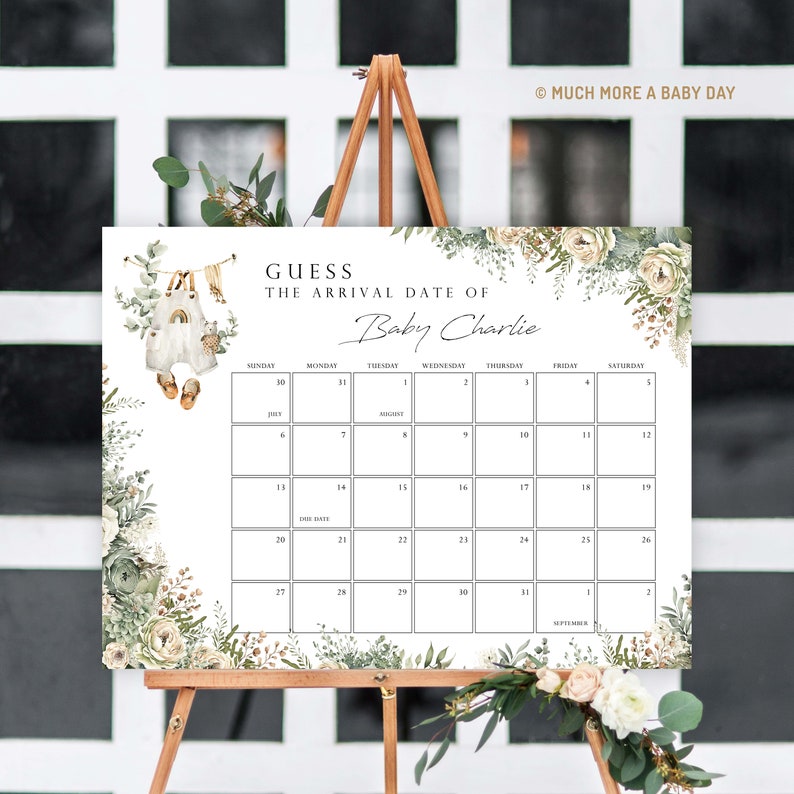 Guess Due Date Calendar Baby Shower Game Sign Template, Neutral ...