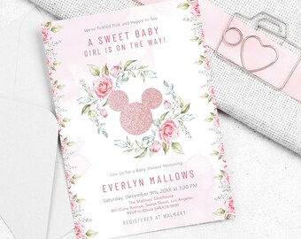 Minnie Maus Rose Gold Baby Shower Einladung Mädchen, gekitzelt Rosa Blumen Babyparty lädt bearbeitbar ein, ein süßes Baby Mädchen Einladung | MM003