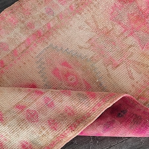 Vintage Turkish Wool Runner Rug: Pink, Blue & Brown Oushak (2.7x12.1 Ft)