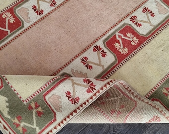 4x6 Vintage Turkish Oushak Rug: Handmade Wool Pink Red Beige