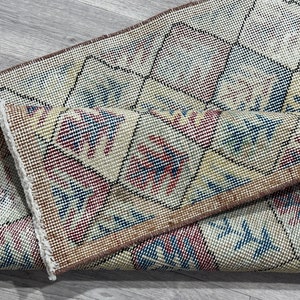 Tappeto runner vintage rosso blu giallo beige 3x10, runner Oushak 3x10, tappeto runner da esterno stretto per cucina turca per ingresso corridoio, 2,7x10,0 piedi