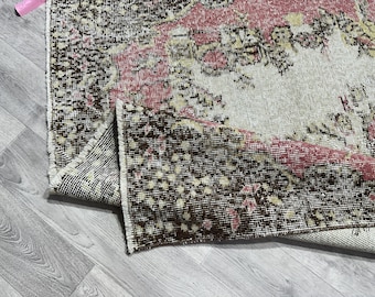 Vintage Oushak Rug: 4x6 Pink, Beige, Brown Wool Turkish Rug
