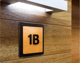 Custom Wooden Square Door Number Sign, Modern Apartment Plaque, Black Numbers