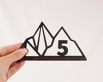 Rustic Mountain Wooden Table Number: Engraved Wedding Reception Decor