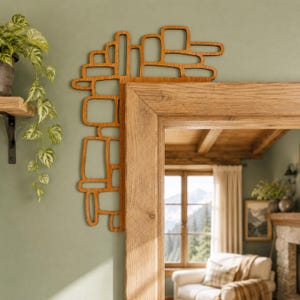 May include: A brown wooden corner accent piece featuring an abstract geometric grid of interconnected rectangular and rounded shapes, designed to be mounted along the upper edge of a door frame or window frame to provide a decorative border.