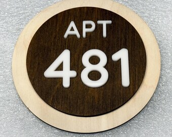 Custom Round Wooden Door Plaque, White Raised Numbers, Apartment Sign