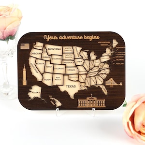 Wooden USA Travel Map: Engraved Push Pin Table Decor
