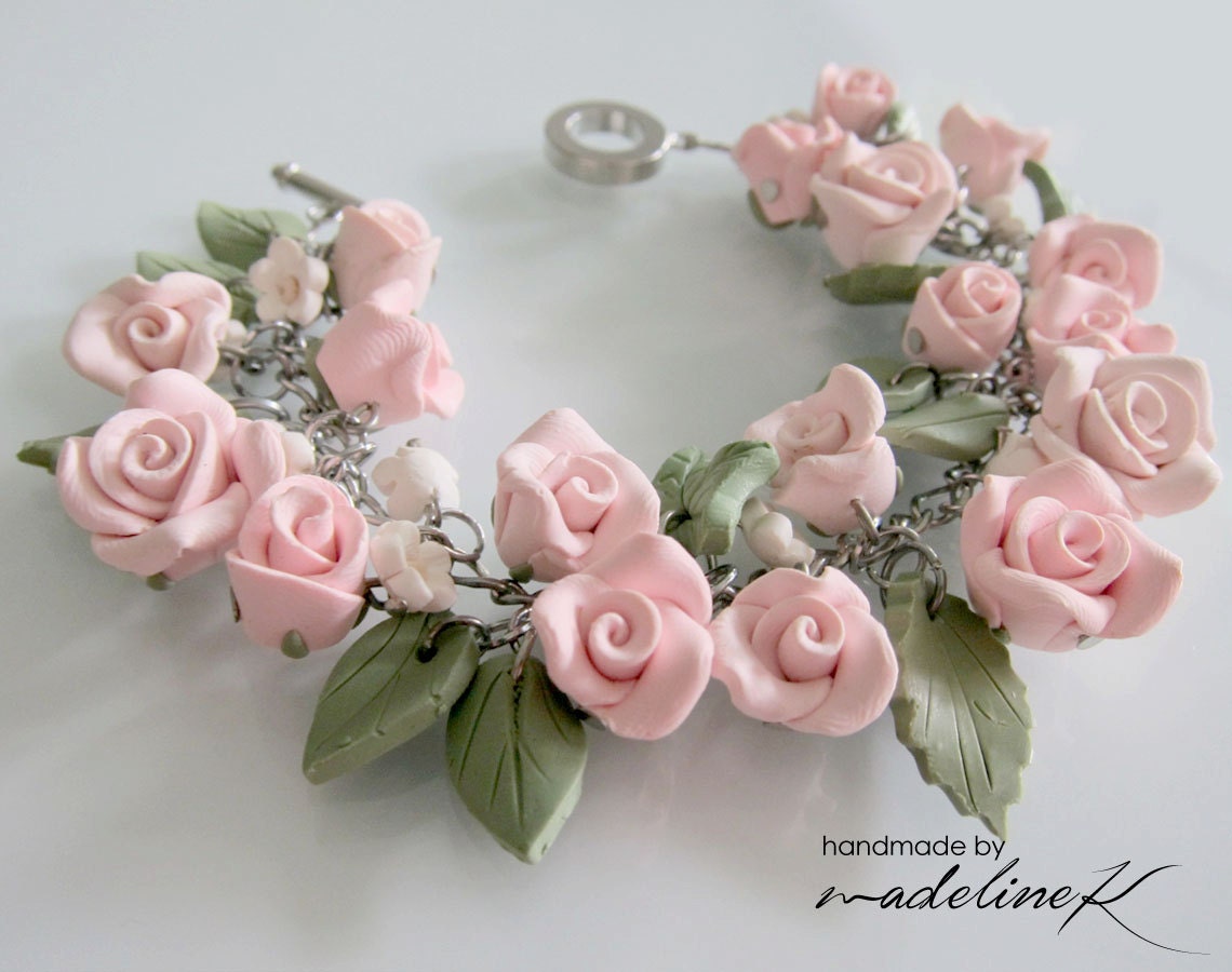 Pink Rose Bridal Charm Bracelet Hand Sculpture Polymer Clay | Etsy