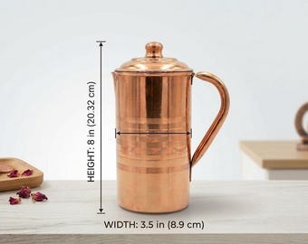100 % ren kopparvattenkanna | Handgjord kopparkanna med lock | Ayurvedisk vattenkanna | Köksdryck | Wellnessgåva, kopparkanna