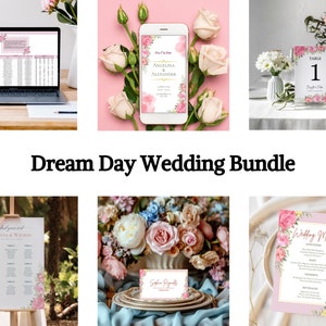 May include: A wedding stationery bundle with a pink and floral theme. The bundle includes a wedding invitation, a seating chart, a table number card, a place card, and a wedding menu. The designs feature pink and white flowers with green leaves.