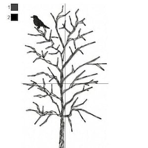 May include: Black and white embroidery design of a bare tree with a bird perched on a branch. The design is 4 inches by 4 inches and has 685 stitches.