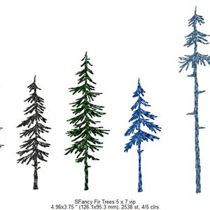 Könnte beinhalten: Fünf gestickte Tannenbäume in verschiedenen Farben: Blau, Schwarz, Grün und Blau. Die Bäume sind 12,6 cm breit und 9,5 cm hoch. Das Stickmuster besteht aus 2538 Stichen und verwendet 4 von 5 Farben.